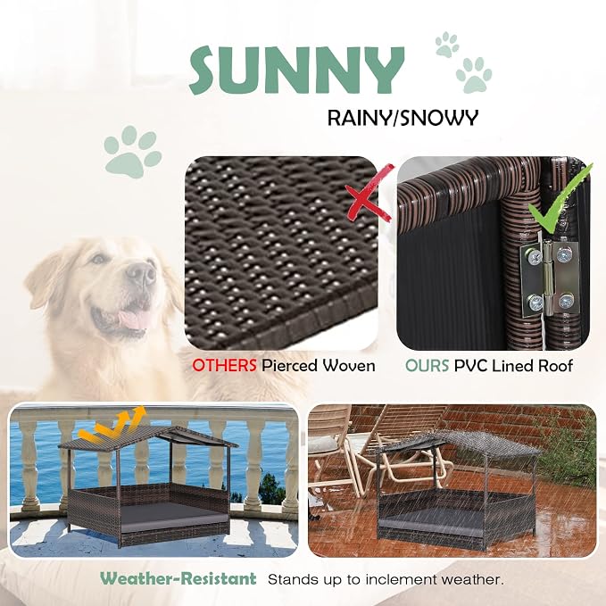 Wicker Dog Bed House, Indoor Outdoor HDPE Rattan Dog Houses, Raised Dog Cot Pet House, Elevated Pets Sofa w/Washable Cover, Waterproof Roof Shelter, Removable Cushion Lounge