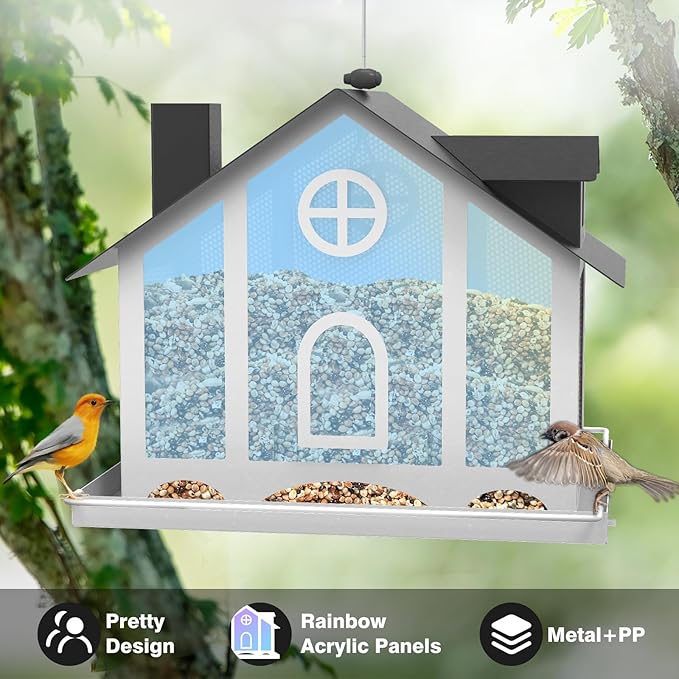 FlowaFoli Bird Feeders for Outdoors, Decorative Large Bird Feeders for Outdoors with Rainbow Acrylic Panels, Ideal Gift for BirdLovers to Attract Feathered Friends Year-Round