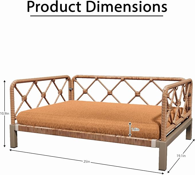 Indoor & Outdoor Dog Bed, Elevated All-Weather Wicker Pet Sofa with Washable Waterproof Cushion, Durable Rattan Dog Couch for Small Dogs, Brown