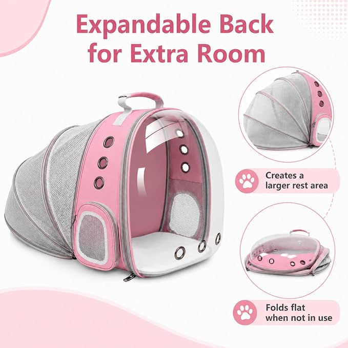 Expandable Cat Carrier Backpack for Cats & Dogs, Bubble Window Pet Travel Backpack with Breathable Mesh, Anti-Collapse Structure, Side Door, Safety Leash, for Vet Visits, Hiking, Outdoor, Pink