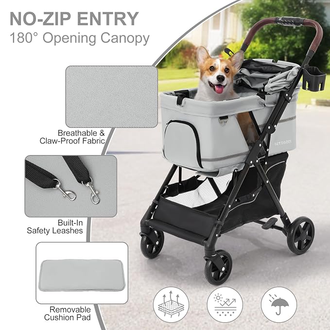 No-Zip Pet Stroller for Small Dogs & Cats, 44 lb, Gray | No-Zip Canopy, 44 lb Capacity, Reflective Trim, 2 Tethers, Lockable Front Wheels, Rear Brake and One-Hand Fold