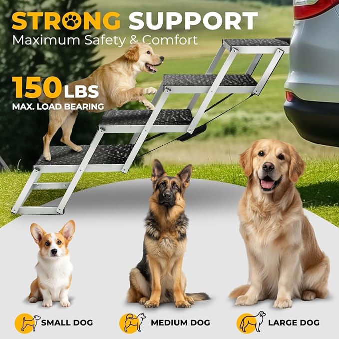 Auto Dynasty Dog Stairs for Car - 4 Steps Wide 31.4in High 25in Foldable Dog Ramp for Car Non-Slip Surface Support up to 150lbs - Suitable for SUV,Truck, Sofas, Bed/Couch
