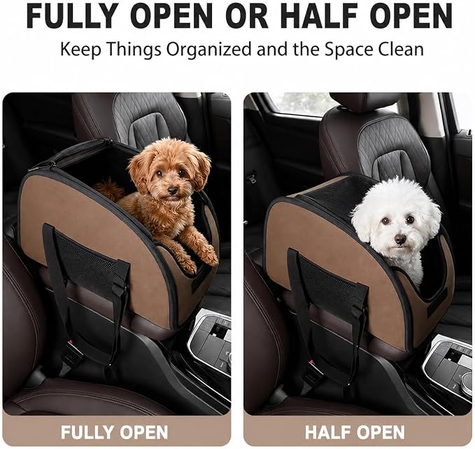 Center Console Dog Car Seat for Small Dogs, Portable Pet Booster Seat with Breathable Mesh Window, Non-Slip Armrest Dog Carrier for Cats & Puppies, Travel Car Seat, Brown