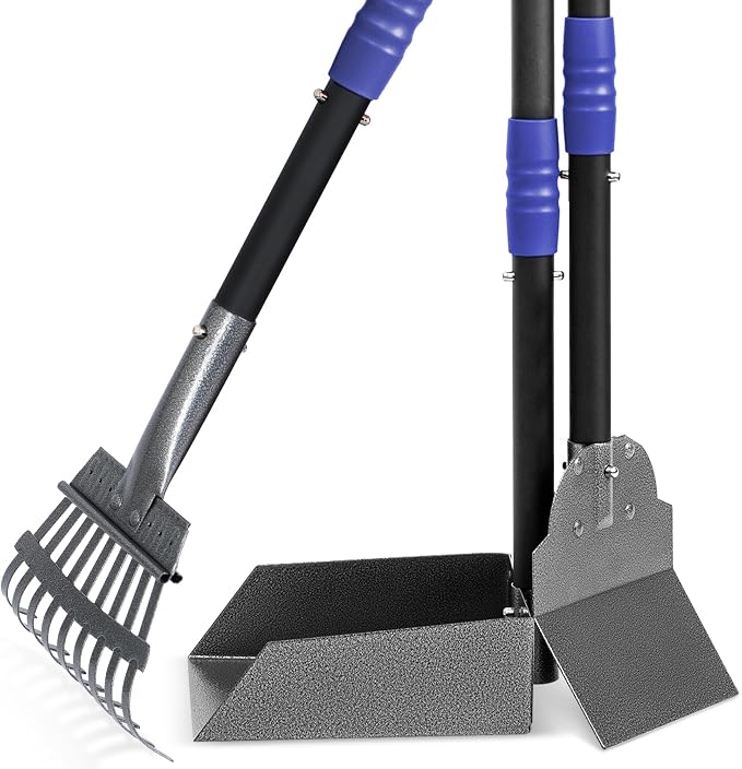 Dog Pooper Scooper, Dog Poop Tray and Rake Set with Long Stainless Handles | Pet Waste Removal Scoop with Adjustable Sectional Handles