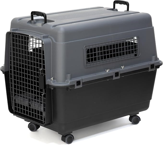 SportPet Airline Compliant LARGE 31.5" Travel Dog Kennel- Durable Plastic Airline Pet Carrier w/ Removable Wheels & Food Bowls, Collapsible Indoor/Outdoor Dog Kennel, Dogs up to 28"L & 20"H-Dark Gray