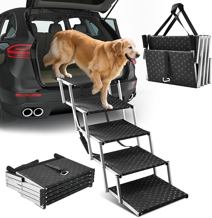 Sakerplus Dog Stairs for Large Dogs, 17.7” Wide Dog Ramps for Car 5 Steps | Foldable Dog Steps with Non Slip Surface, Portable Pet Steps for SUV, High Beds, Truck, Support Up to 200lb