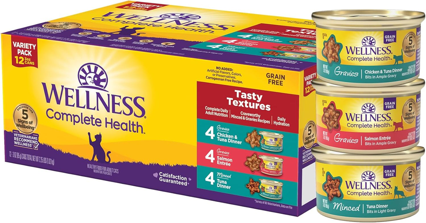 Wellness Complete Health Gravy & Minced Adult Wet Cat Food, Natural, Protein-Rich, Grain Free, 3 Ounce, 12 Pack, (Salmon, Tuna, and Chicken Variety Pack)