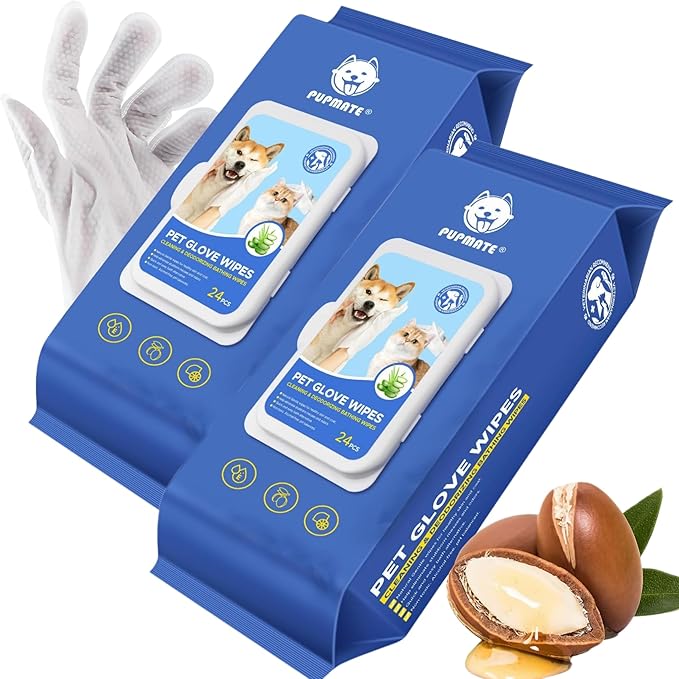 PUPMATE Pet Cleaning Glove Wipes for Dogs & Cats, Hypoallergenic Deodorizing Disposable No-Rinse Grooming Wipes, Extra Thick Bathing Wipes,Perfect for Pet Dry Cleaning,Daily Care and Travel,48 pcs