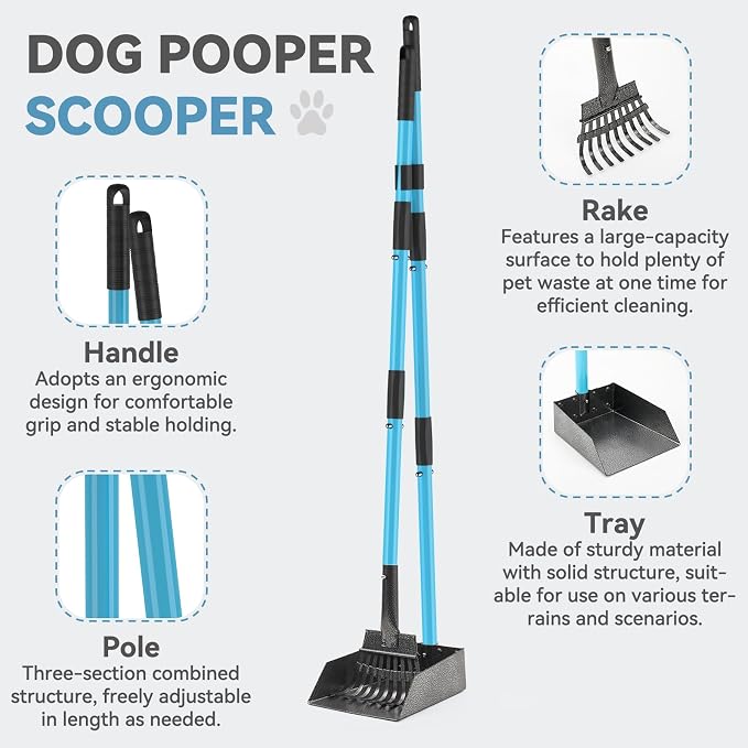 Dog Pooper Scooper, Pooper Scooper for Large Dogs Long Handle | Stainless Metal Tray and Rake, Poop Scoop Suitable for Large Dogs, Small Dogs, Suitable for Use on Grass, Dirt, Gravel (Blue)