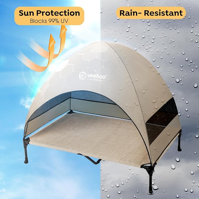 Veehoo Outdoor Dog Bed with Canopy, Cooling Elevated Dog Shade for Outside | Portable Raised Dog Cot with Removable Shade, Sun Protection Dog Tent Outdoor for Camping, Beach, 49" x 42.5", Beige Coffee