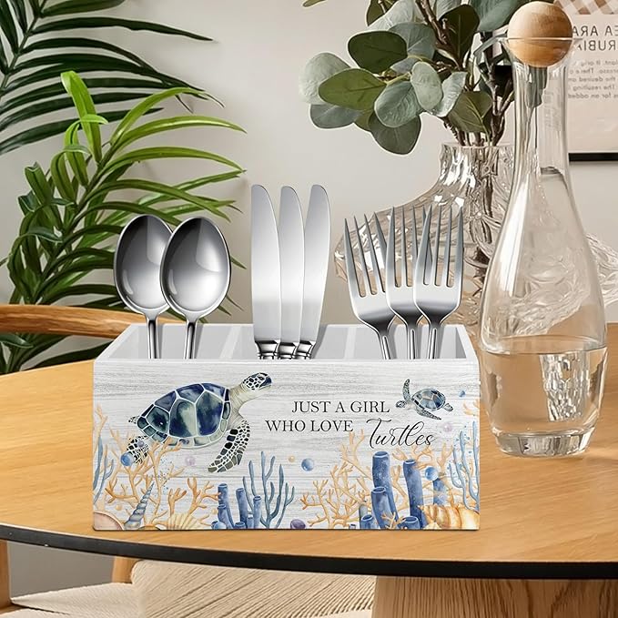 Coastal Beach Sea Turtle Pen Pencil Holder Organizer for Desk Accessories, Sea Turtle Gifts for Women Wooden Box Sign Desk Decor for Home Office Decoration, Beach Office Decor