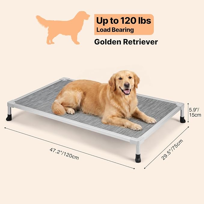 Veehoo Chew Proof Elevated Dog Bed, Silver Aluminum Dog Cot, Pre-Assembled | Cooling Raised Dog Bed for Large Dogs, Indestructible Dog Bed for 49" Crate, Breathbale, Non-Slip Feet, Indoor Outdoor