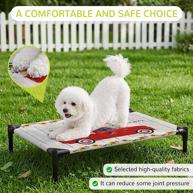 Outdoor Elevated Dog Bed for Medium Dogs, Sunflowers Breathable Cooling Raised Dog Cot for Indoor/Outdoor, Country Botanical Bees Red Truck Wooden Plank Waterproof Elevated Pet Beds, M 24 x 20 in