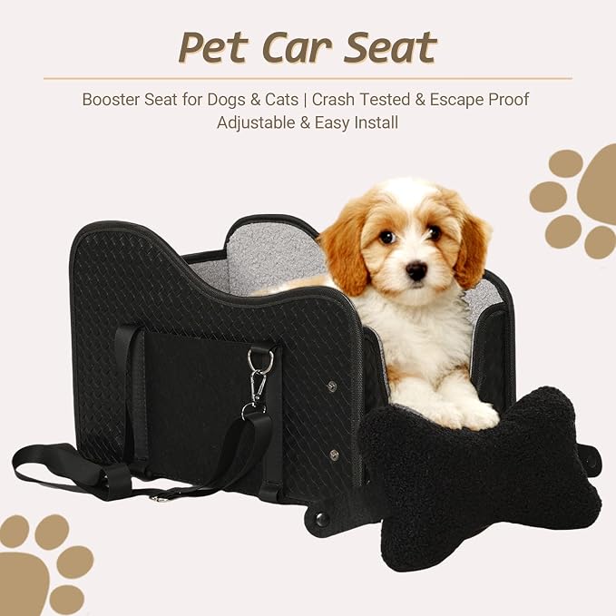 Dog Car Seat for Small/Medium Dogs Under 15 lbs with 2 Replaceable Dual-Sided Summer/Winter Cushions, Portable Booster & Pet Bed for Back & Front Seat Travel, Carrier with Leash Clip