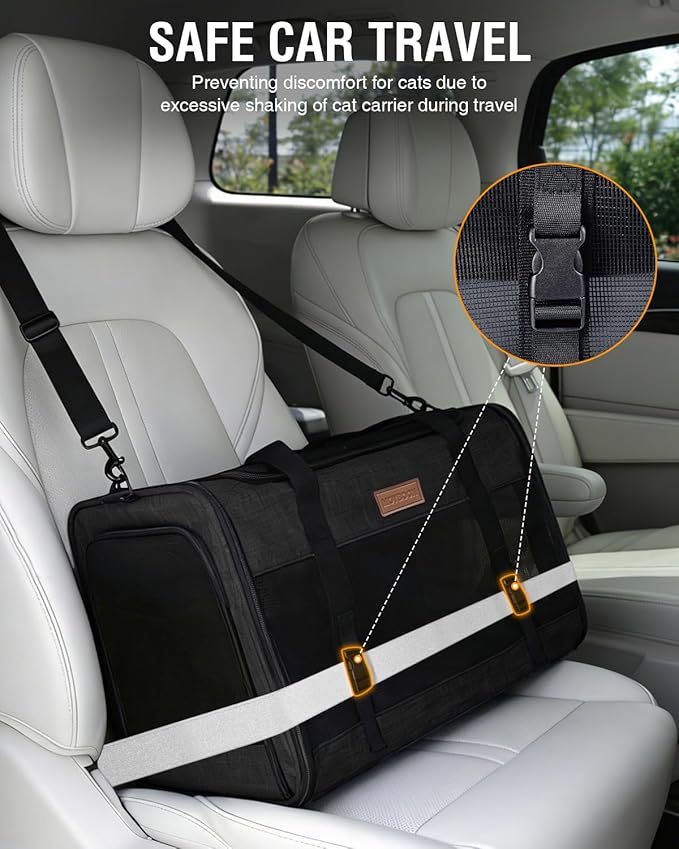 PETUX Large Pet Carrier for Large Cats up to 20 lb for Travel | Top & Side Entry, 4 Side Breathable, Foldable Soft Cat Travel Carrier with Safety Car Seat Buckle & Anti-Scratch Mesh, Black