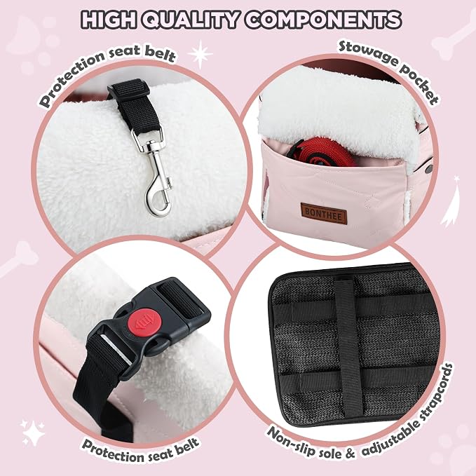 Center Console Dog Car Seat for Small Dogs,PU Leather Small Dog Car Booster Seat,Washable Foldable with Safe Protection Hooks Adjustable Straps and Storage Pocket Pet Up to 15lbs-Pink