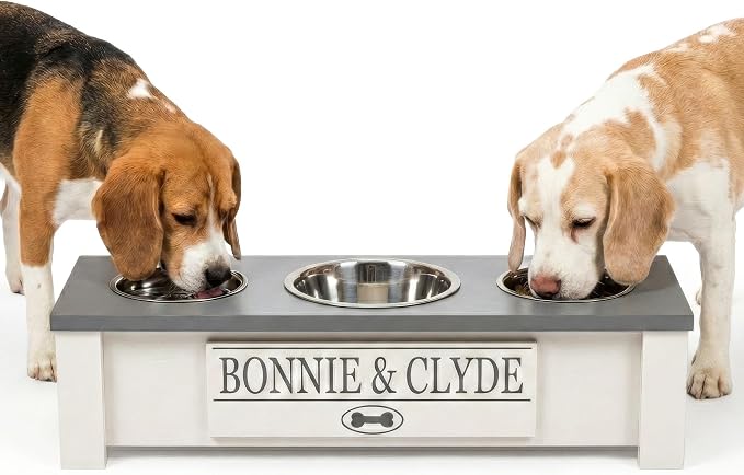 3 Bowl Dog Feeding Station, Personalized Triple Bowl Food Stand Small Dogs | Farmhouse Style, Elevated Wood Stand, Storage Container, Stainless Steel Bowls, Raised Feeder, Small Breed, Made in USA