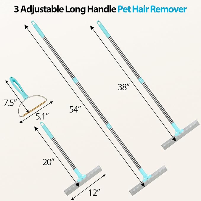 Carpet Rake for Pet Hair Removal Tool, 2 in 1 TPU and Copper Rake Teeth, Dual-Action Hair Remover with 54’’ Adjustable Long Handle, Reusable Cat & Dog Fur Broom for Carpets,Rugs, Mats,Car