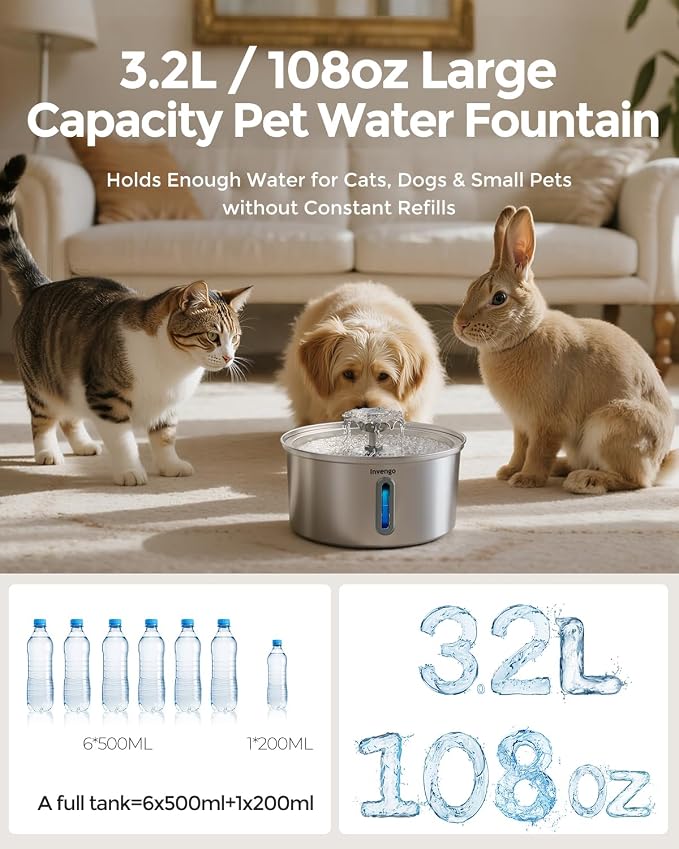 Invengo Cat Water Fountain Stainless Steel, 3.2L/108oz Pet Drinking Fountain for Cats Dogs, Automatic Cat Fountain with 2 Flow Modes, Splash-Proof Bowl, Includes 8 Replacement Filters