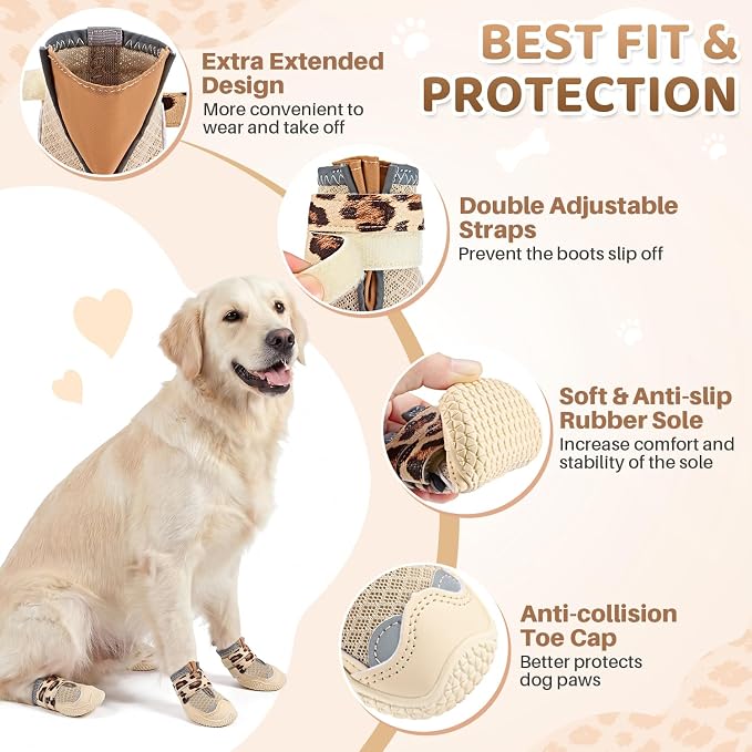 SlowTon Dog Shoes for Large Small Medium Dogs - Breathable Dog Boots for Summer Hot Pavement, Paw Protector for Outdoor Walking Winter Snow, Anti-Slip Rubber Dog Booties for Hardwood Floor (LP BG, 7)