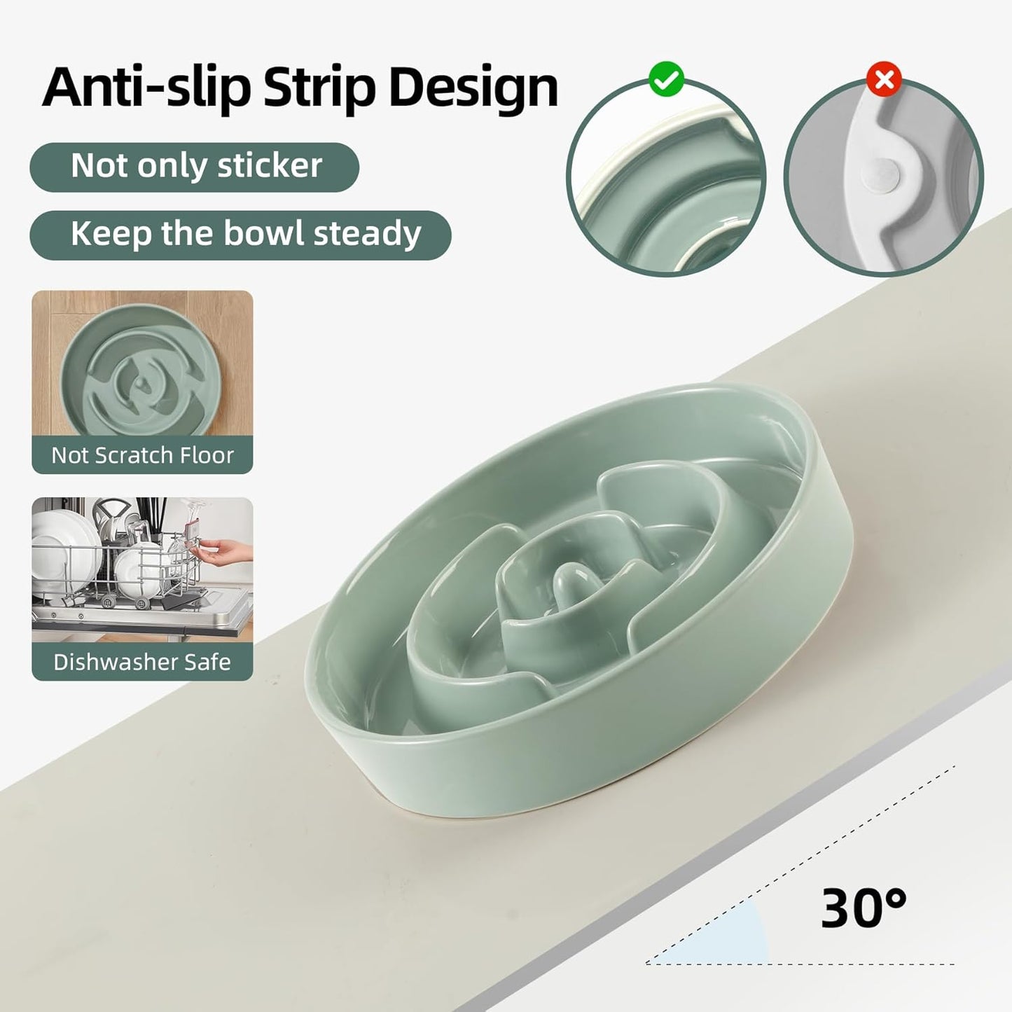 8.2inch Ceramic Raised Slow Feeder Dog Bowl Set, Elevated Wooden Stand for Large and Medium Dog, Puzzle Slow Dish, Anti-Gulping(Light Green, Single Bowl+ Stand)