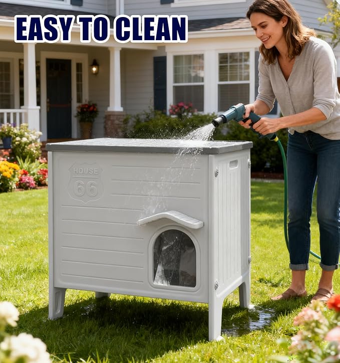 Plastic Cat House Outdoor with Soft Mat - Feral Cat Houses | with Escape Door, Waterproof Outdoor Cat House for Feral Cats, Outside Cat Shelter,Assemble Easily