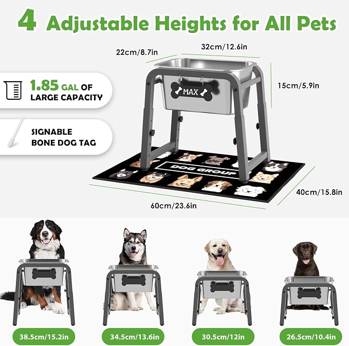 1.85 Gallon Elevated Dog Water Bowl, Height Adjustable (10.4–15.2'') Raised Stainless Steel Bowl with Spill-Proof Mat & Sturdy Metal Stand, Tip-Proof, Easy to Clean, Indoor & Outdoor Use