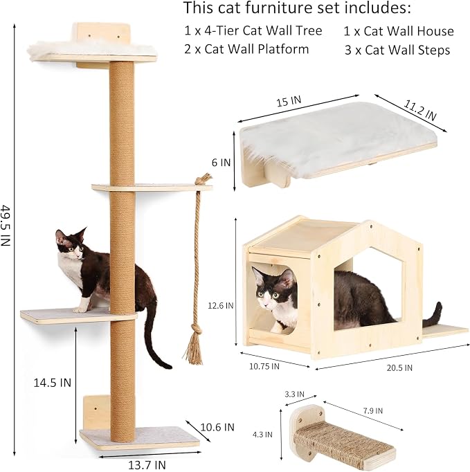 Cat Wall Shelves, Wood Wall Mounted Cat Furniture with 4 Tier Cat Tree,1 Cat Wall House,2 Cat Perches and 3 Wall Steps,Climbing Cat Shelves for Wall Large Cats Set