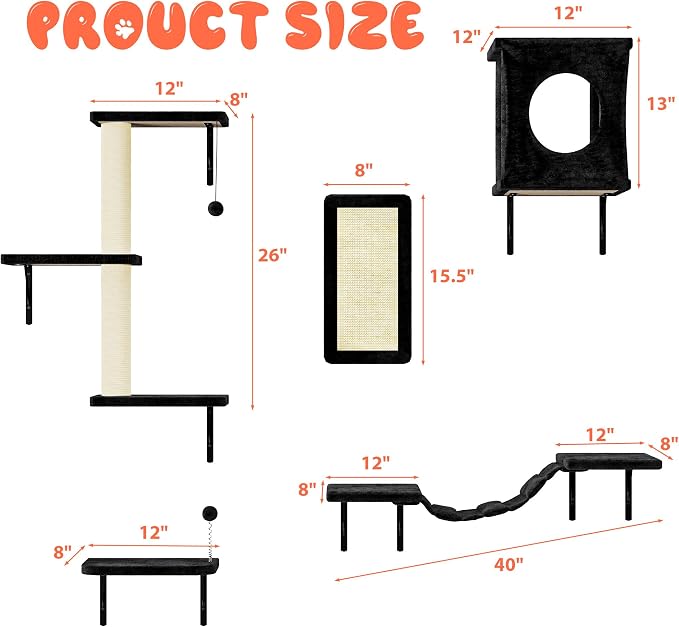 11-in-1 Cat Wall Shelves Cat Climbing Furniture with Wall Mounted Perch & Lounge for Indoor Cats, Space-Saving Cat Climbing Wall Systems, Black