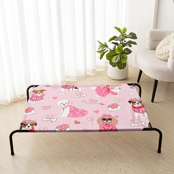 QOOMO Elevated Dog Bed with Cooling Fabric, Pet Cot for Small and Big Dogs, Indoor and Outdoor Use, Joint Relief, Cute Printed Cushion Included (Princess Dog, 47.24" L*31.89" W*9.45" Th)