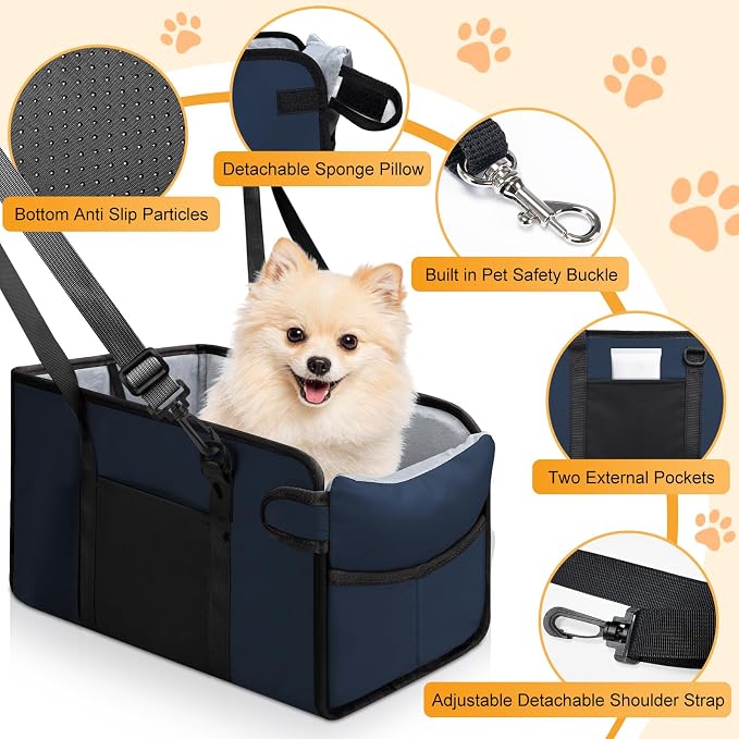 Portable Dog Car Seat for Small Dogs, Puppy Car Seat, Navy Blue | Booster Seat With Safety Leash & Adjustable Straps Keeps Small Dogs Secure. Removable Washable Cushion. Fits Most Cars.