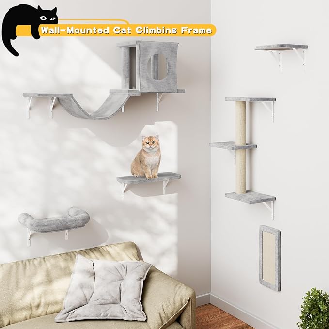 12-in-1 Cat Wall Shelves, Luxury Wall-Mounted Cat Climber Set with Condos House, Scratching Post, Bridge Ladder, Indoor Space-Saving Furniture for Kittens，Gray