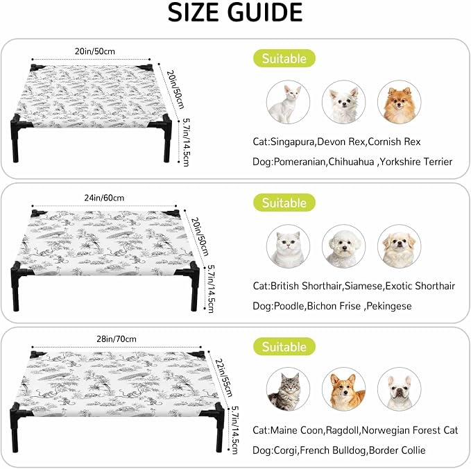 Outdoor Elevated Dog Bed for Medium Dogs, Farmhouse Monkey Breathable Cooling Raised Dog Cot for Indoor/Outdoor, Vintage Plants Rustic Turtles Peacock Waterproof Elevated Pet Beds, M 24 x 20 in