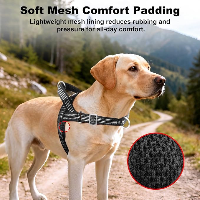 No Pull Dog Harness with Handle, Adjustable Soft Mesh Padded Vest | Reflective Walking Harness with Front Clip for Small Medium Large Dogs, Quick Fit No Escape for Training, Black, L