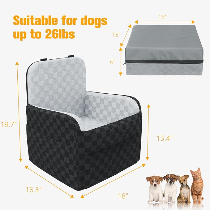 PETICON Waterproof Dog Car Seat for Small Medium Dogs, 6in Memory Foam | Pet Booster Seat for Dogs up to 26 lbs with Pockets, Detachable Washable Pet Carseat with Y-Shape Safety Belt