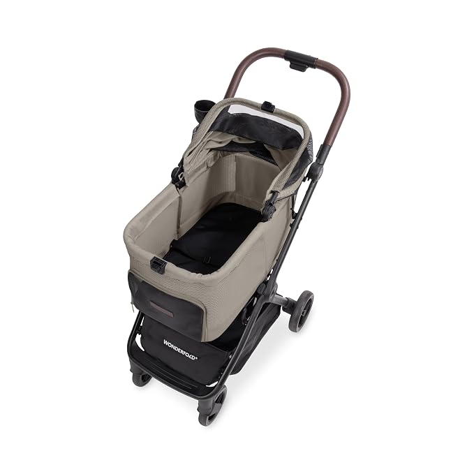 WonderFold Bella Pet Stroller - Autofold Design with Lightweight Aluminum Frame, Breathable Carriage Fabrics and Canopy, Safety Tethers & Easy-Clean Interior - Dune