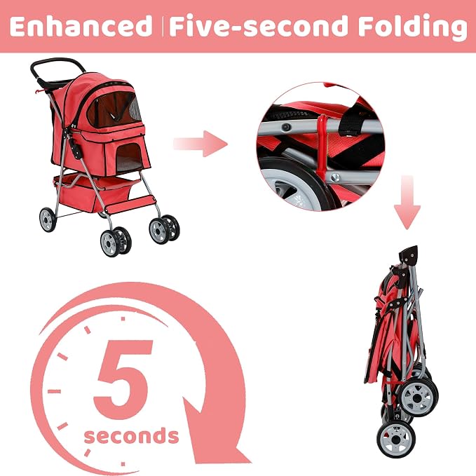 Pet Stroller for Small Medium Dogs & Cats, 4-Wheel Breathable Compact Foldable Dog Carrier with Storage Basket, Outdoor Portable Lightweight Travel Stroller for Camping,Red