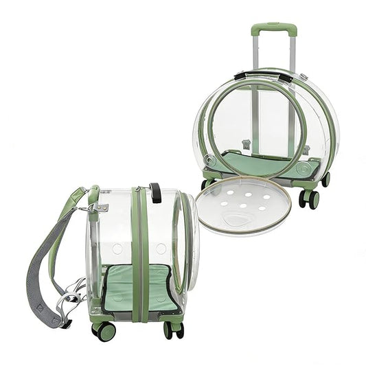 Pet Carrier with Wheels, Transparent Hard Breathable Pet Carrier with Ventilation Holes Telescopic Handle Multiple Carrying Strollers for Cats Dogs (Green)
