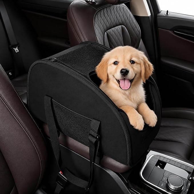 Dog Car Seat for Small Dogs, Center Console Dog Car Seat with Foldable Mesh Top, Non-Slip Pet Booster Seat for Cars, Portable Travel Carrier for Small Dogs Cats Puppies, Grey