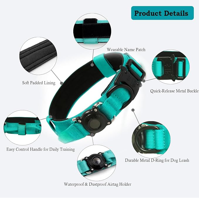 AirTag Dog Collar for Large Dogs Tactical Dog Collar with AirTag Holder | Upgrade Waterproof,Control Handle,Quick-Release Metal Buckle,1000D Nylon Fabric,Soft-Padded Webbing,Velcro Patch(Teal,XXL)