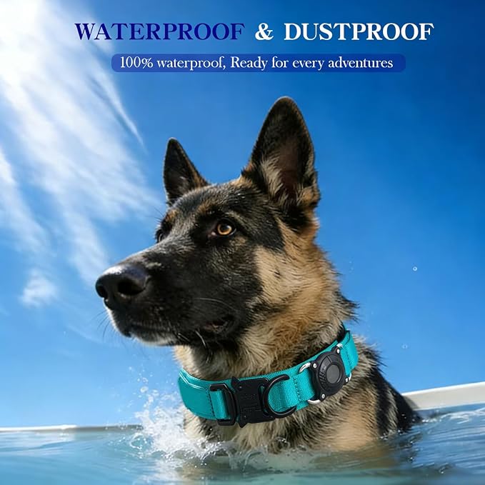 AirTag Dog Collar for Large Dogs Tactical Dog Collar with AirTag Holder | Upgrade Waterproof,Control Handle,Quick-Release Metal Buckle,1000D Nylon Fabric,Soft-Padded Webbing,Velcro Patch(Teal,M)