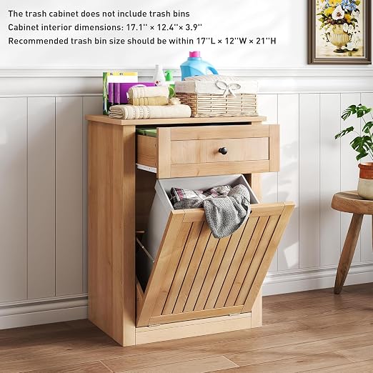 10 Gallon Tilt Out Trash Can Cabinet with Drawer, Hidden Trash Can, Wood | Cabinet with Drawers for Kitchen, Bathroom and Laundry Room