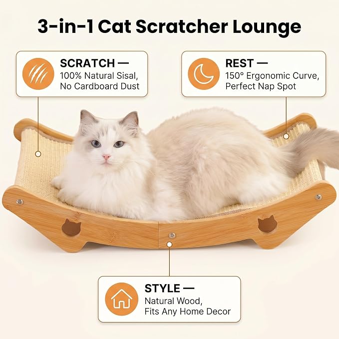Cat Scratcher & Scratching Lounge, 3-in-1 Sisal Bed & Hammock for Indoor Cats, Wood Frame, Curved Lounge, Large 23.6x13.8in, Cat Furniture, 20 lbs
