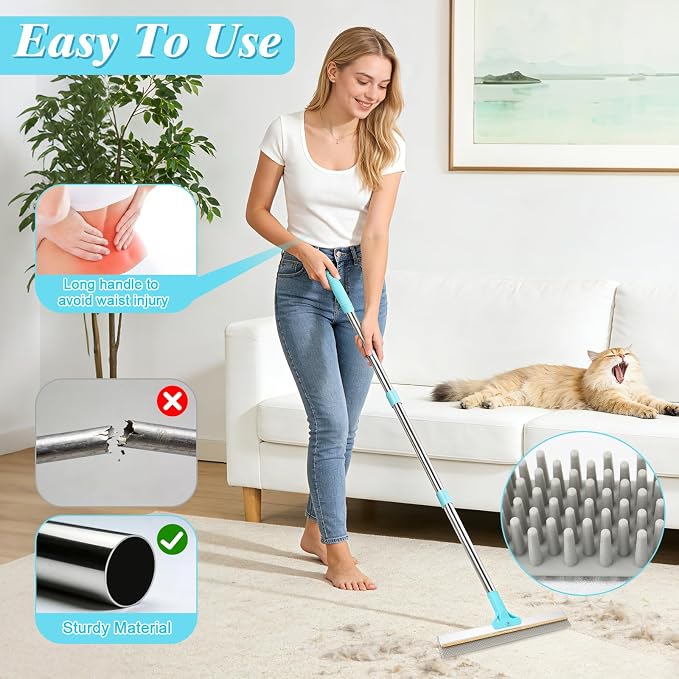 4 in 1 Carpet Rake for Pet Hair Removal - Reusable Pet Hair Removal Glove for Dog Cat Fur Remover, Contain 23-54" Rubber Broom, Silicone Comb Gloves, Magic Brush and Small Scraper for Sofa, Rugs, Mats