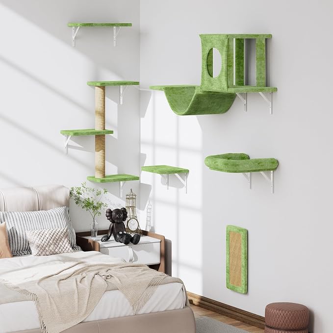 6-in-1 Cat Wall Shelves, Wall Mounted Cat Climber with Condo House, Scratching Post, Bridge Ladder, Space-Saving Indoor Play Furniture for Kittens, Green