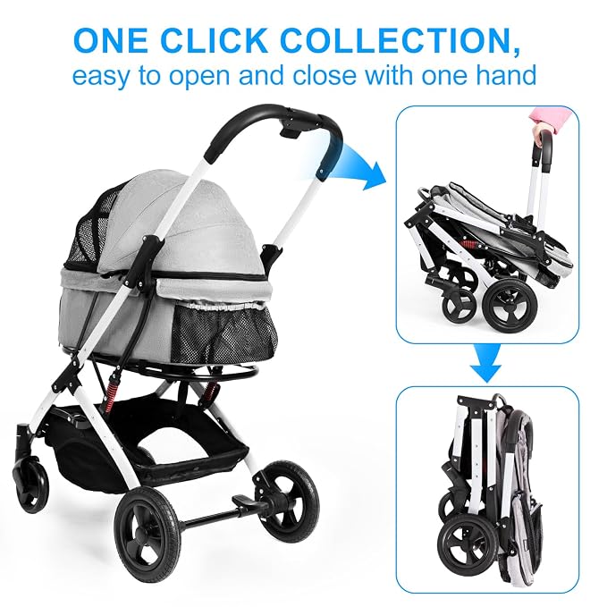 Pet Stroller for Medium Small Dog & Cat, Foldable Lightweight Dog Stroller with Storage Basket Pet Travel Carriage with Safety Leashes, 4 Wheel, Gray