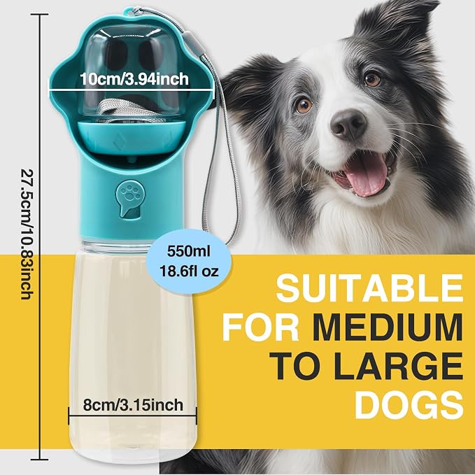 Dog Water Bottle with Food Container, Portable Pet Dispenser, Leak Proof, Hiking, Puppy Travel, Outdoor Activities(18.6 fl.oz/550ml, Blue)