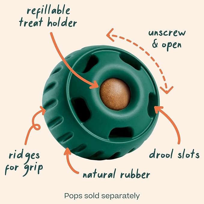 WOOF Pupsicle Interactive Dog Ball Toy for Dogs 25-75 lbs - Green | Long-lasting enrichment toy for medium/large dogs, easy-fill design, low-mess play, made of natural rubber, easy to clean