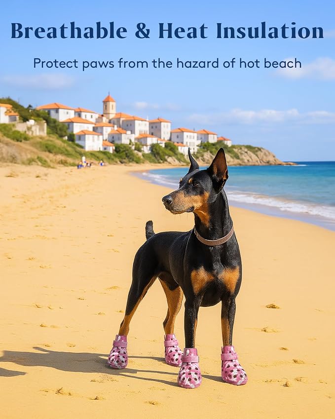 Dog Shoes for Hot Pavement, Breathable Dog Boots Paw Protectors with Adjustable Straps & Non-Slip Sole, Easy On & Off, Waterproof, Easy-Cleaning (Pink Marble, XL)