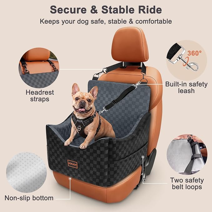 JOEJOY Elevated Dog Car Seat for Small/Medium Dogs up to 35 lbs, Memory Foam Booster Seat with Detachable Washable Cover, Travel-Safe Car Bed with Safety Belts & Storage Pockets, Dark Grey